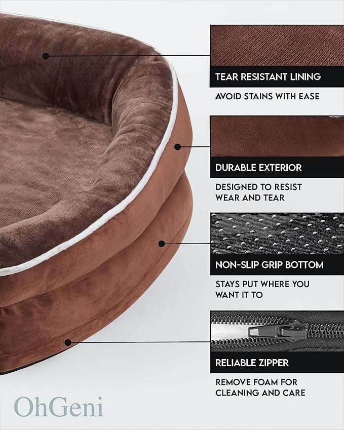 OhGeni Orthopedic Dog Bed for Large Dogs, Dog Couch Design with Egg Foam Support, Removable, Machine Washable Plush Cover and Non-Slip Bottom with Four Sided Bolster Cushion (Brown)