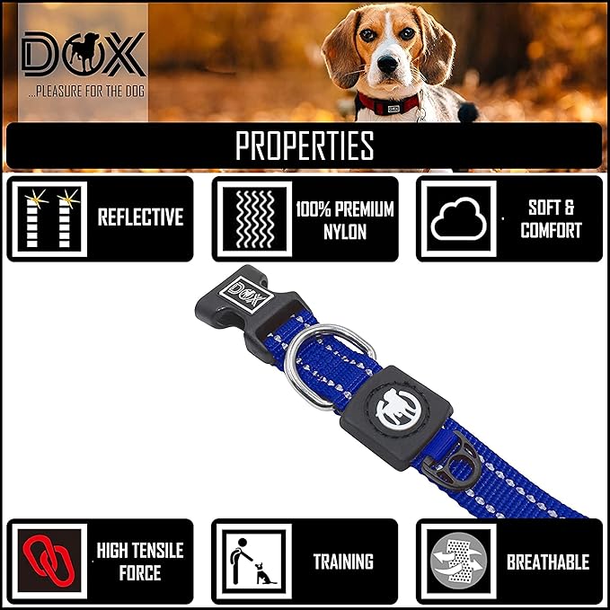 DDOXX Reflective Nylon Dog Collar - Strong and Adjustable Collars Dogs - M (Bue)