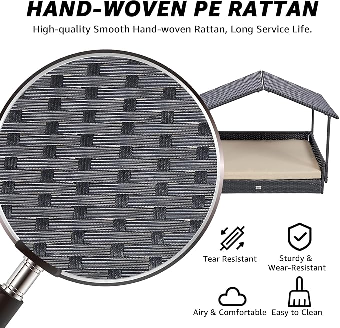 NATURAL EXPRESSIONS 2-in-1 Wicker Dog House,Elevated Dog Bed for Indoor/Outdoor with Removable Canopy,Large Dog House with Raised Pet Cot Cool, Breathable, Shade, waterrproof with Non-Slip Feet