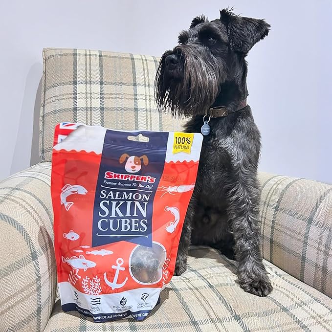 SKIPPER'S Salmon Skin Cubes - 100% Salmon Skin Grain Free & Hypoallergenic Cubes for Dogs, All Natural & Healthy Dog Treats, Omega 3 & 6 Oil, Great for Skin, Coat & Joints | (9 Oz)