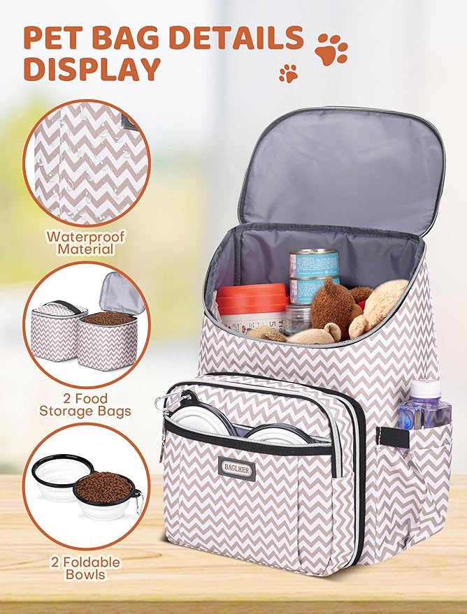 BAGLHER Travel Dog Backpack - Detachable Travel Dog Food Container for Pet Supplies Dog Gear Backpack,Dog Bag for Traveling with 2 Silicone Collapsible Bowls and 2 Food Baskets