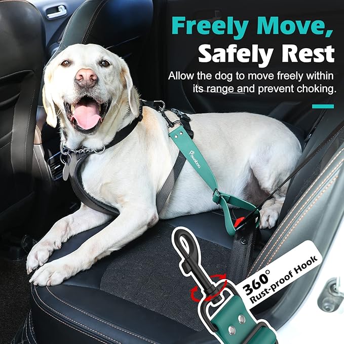 Pawaboo Dog Car Seatbelt, Universal Pet Safety Belt, Chew-Proof Dog Car Restraint with Adjustable Strap, Nylon Woven Belt & PVC Shell Dog Seatbelt Harness, Dog Leash with 360° Hook, 20 in, Dark Green