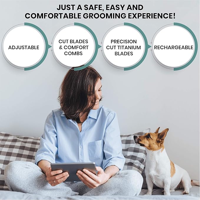 Pet Union Professional Dog Grooming Kit - Rechargeable, Cordless Pet Grooming Clippers & Complete Set of Dog Grooming Tools. Low Noise & Suitable for Dogs, Cats and Other Pets (Gold)