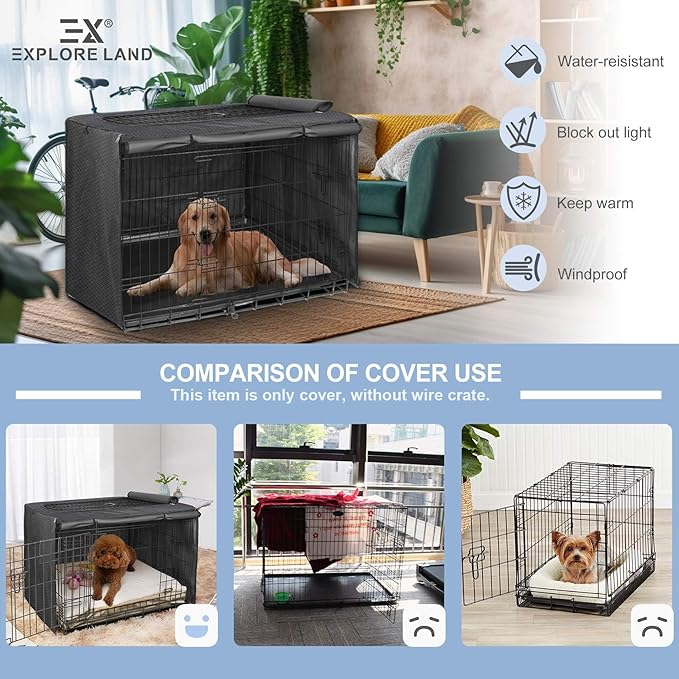 Explore Land Dog Crate Cover for 42 Inches Wire Cage, Heavy-Duty Lattice Pet Kennel Enclosure Compatible with 1 2 3 Doors Standard Metal Cage (Black)
