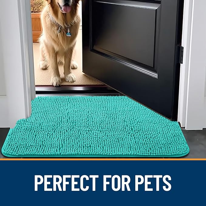 OLANLY Dog Door Mat for Muddy Paws 30x20, Absorbs Moisture and Dirt, Absorbent Non-Slip Washable Mat, Quick Dry Chenille, Mud Mat for Dogs, Entry Indoor Door Mat for Inside Floor, Teal