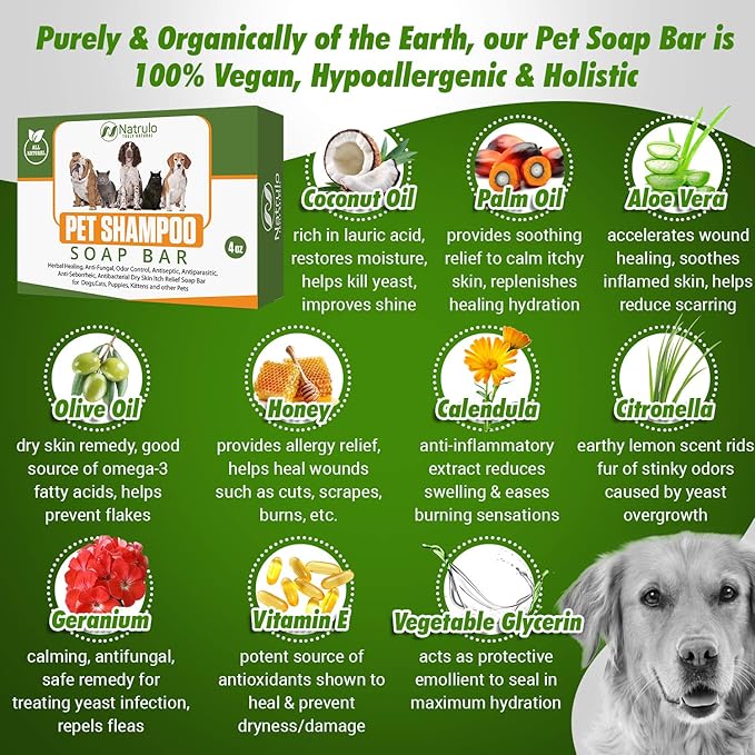 Natrulo All Natural Pet Shampoo Soap Bar for Dogs, Cats, Puppies – Herbal Healing Dry Skin Itch Relief, Odor Control Bar Soap for Pets – Gentle, Plant-Based, Easy-to-Use Pet Soap Bar Made in USA