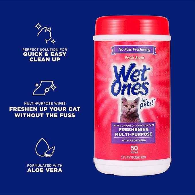 Wet Ones for Pets Freshening Multipurpose Wipes for Cats with Aloe Vera, 50 Count- 3 Pack | Easy to Use Cat Cleaning Wipes, Freshening Cat Grooming Wipes for Pet Grooming in Fresh Scent (FF12853PCS3)