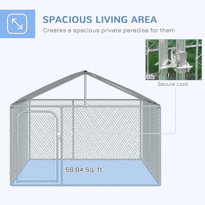 PawHut Large Dog Kennel Outside, Heavy Duty Dog Cage with Waterproof Cover, Outdoor Fence Dog Run with Galvanized Chain Link, Secure Lock, 7.5' x 7.5' x 5.6'