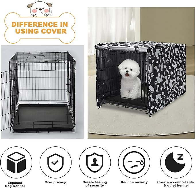 kefit Dog Crate Cover 36 inch, Kennel Cover Fit for Dog Crate, Black/Paw