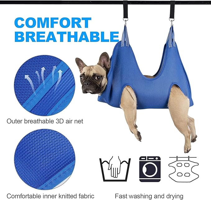 Pet Dog Grooming Hammock Harness with Two Heavy Duty Stainless Clips, Nail Clippers, Nail Trimmers, Scissors with Grooming Sling Harness for Nail Trimming Clipping (Small/Under 45lb, Blue)