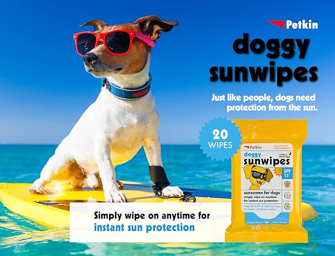 Petkin Dog Sunscreen Sunwipes (2-Pack) - Sunscreen for Dogs, SPF 15 - Simply Wipe on Anytime for Instant Sun Protection - Includes 20 Jumbo Size Wipes, Vanilla Coconut Scent - Ideal for Home or Travel