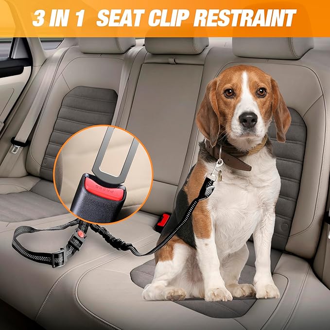 Dog Seat Belt, Adjustable Reflective Dog Car Seatbelt Leash, Elastic Bungee Buffer Heavy Duty Nylon Dog Harness for Travel Riding