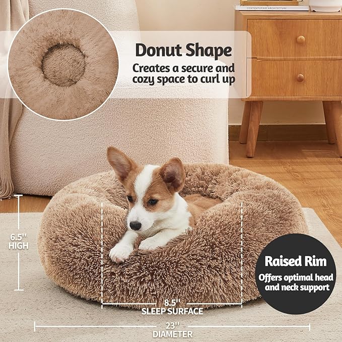 OhGeni Calming Donut Dog & Cat Bed Pillow, Machine Washable Plush Warming Bed, Anti-Slip Round Cuddle Comfort Pet Bed, Pillow Design Cozy Fluffy Faux Fur Bed for Small Medium Dogs, Ocher, 23 inches