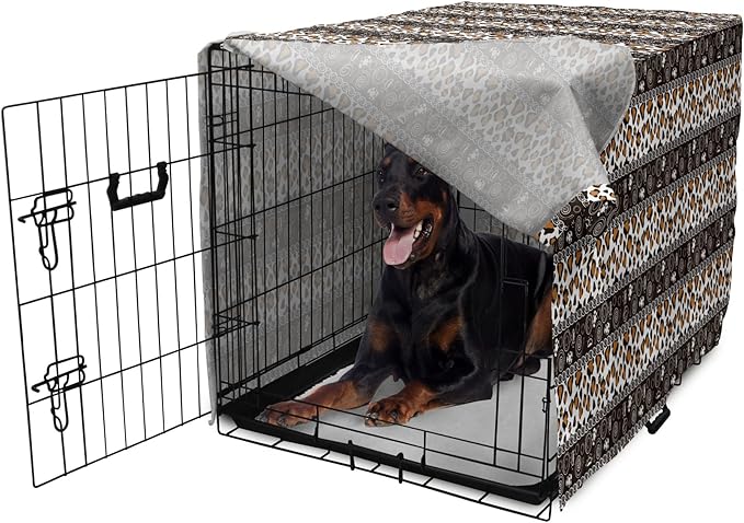 Ambesonne African Dog Crate Cover, Traditional Borders Cheetah Skin with Abstract Spirals and Circles, Easy to Use Pet Kennel Cover for Medium Large Dogs, 42 Inch, Pale Coffee Brown White