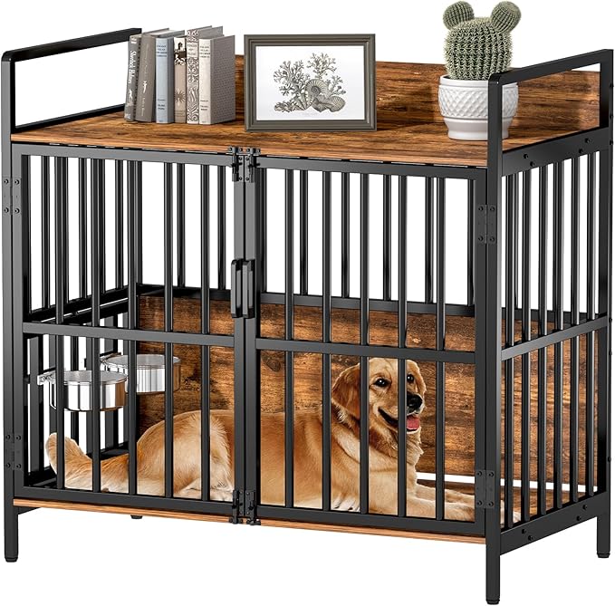 Large Dog Crate Furniture, with 360° Adjustable Elevated Feeder, Heavy Dog Furniture, Indoor Decorative Dog Kennel, Sturdy Metal Construction, 38" W×21" D×36" H, Rustic Brown Finish
