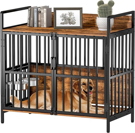 Large Dog Crate Furniture, with 360° Adjustable Elevated Feeder, Heavy Dog Furniture, Indoor Decorative Dog Kennel, Sturdy Metal Construction, 38" W×21" D×36" H, Rustic Brown Finish