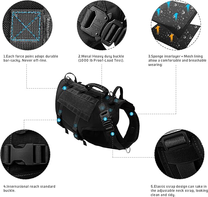 PET ARTIST Tactical Dog Harness for Hiking Training, No Pull Vest Harness for Medium Large Dogs, with Pouches and Patches Black, L