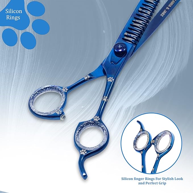 Professional Dog Grooming Chunker Shears/Scissors with Paw Prints for Dogs, Cats & Pets (Right Handed, Blue, Stainless Steel 8 Inch)
