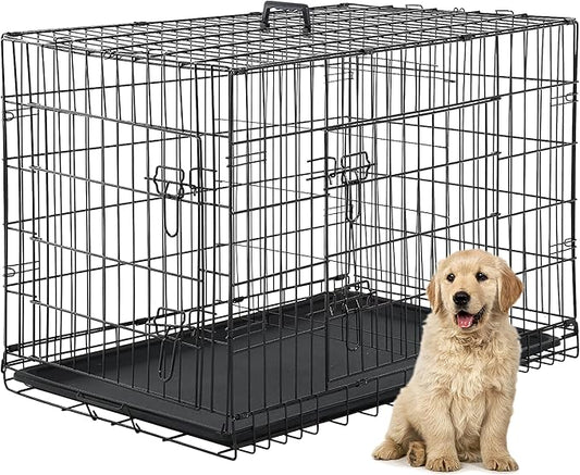 24/7 Shop at Home Gossamer Metal Double Door Folding Wire Pet Crate with Divider, Removable Tray, and Handle for Outdoor and Indoor Medium Dog, 48-inch, Black