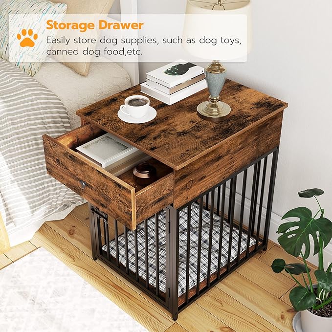 HOOBRO Dog Crate Furniture, Wooden Dog House, Decorative Dog Kennel with Drawer, Indoor Pet Crate End Table for Small Dog, Steel-Tube Dog Cage, Chew-Proof, Rustic Brown and Black BF01GW03