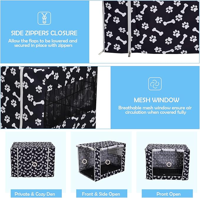 Morezi Dog Crate Cover for Wire Crates,Cage, Heavy Nylon Durable Waterproof Windproof Pet Kennel Cover Indoor Outdoor Protection - Cover only - Black Paw Bone - Large