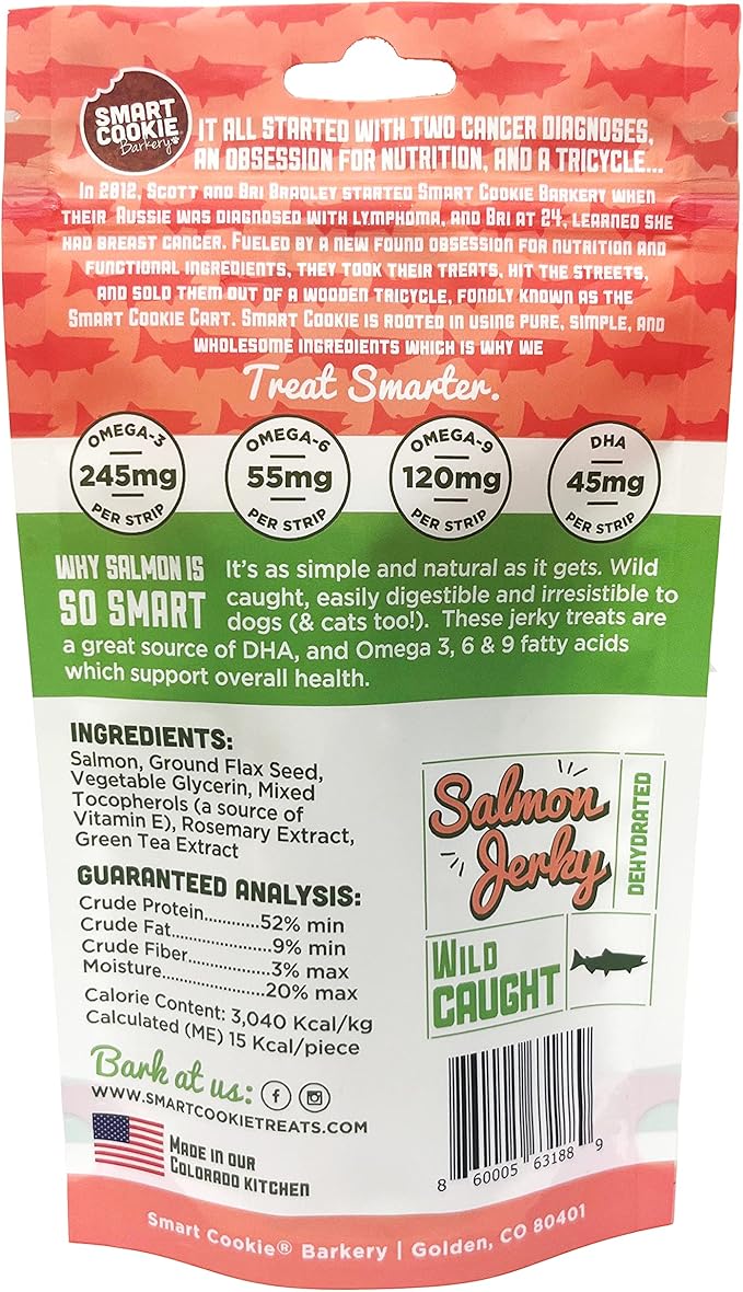 Smart Cookie Salmon Jerky Dog Treats - DHA & Omega Strips for Dogs & Puppies with Allergies, Sensitive Stomachs with Wild Caught Alaskan Salmon- Dehydrated, Grain Free, Made in USA - 3oz Bag Pack of 1