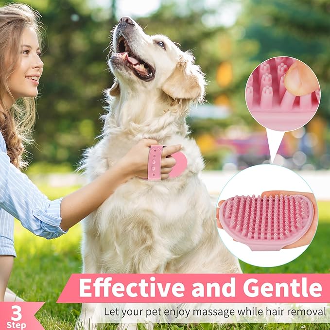 Comotech 3PCS Dog Bath Brush | Dog Shampoo Brush | Dog Scrubber for Bath | Dog Bath Brush Scrubber | Dog Shower/Washing Brush with Adjustable Ring Handle for Short&Long Haired Dogs (Pink Red Pink)