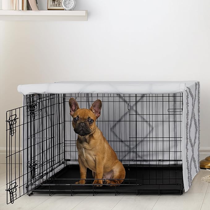 Sweet Jojo Designs 30in. Small/Medium Dog Crate Cover (Grey Boho Modern Tuft) Pet Cage, Kennel Covers (Bohemian, Farmhouse, Shabby Chic, Designer, Neutral, Elegant, Minimalist, Gray Tufted Cotton)
