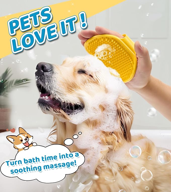 4PCS Dog Bath Brush Pet Shampoo Brush with Adjustable Ring Handle Soft Massage Dispenser Brush for Short Long Haired Dogs Cats Showering(Pink Pink Yellow)
