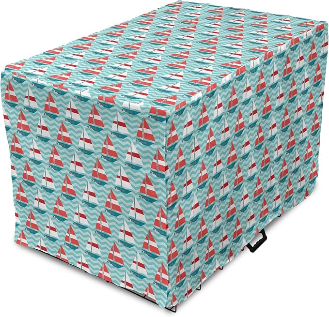 Lunarable Sail Boat Dog Crate Cover, Chevron Zigzag Lines Wavy Ocean Ships Abstract Geometric Summer Season, Easy to Use Pet Kennel Cover for Cats & Medium Dogs, 24 Inch, Teal Dark Coral White