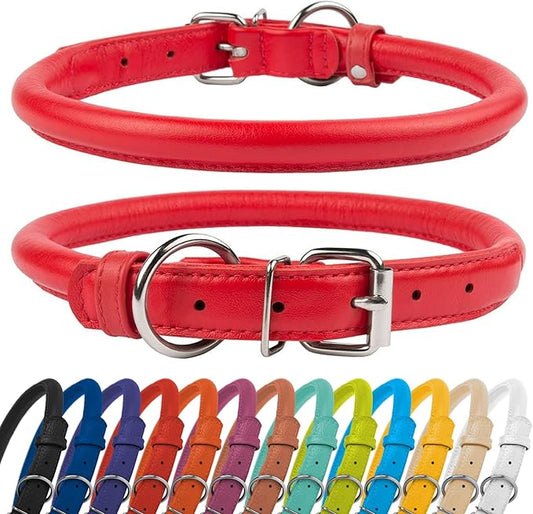 CollarDirect Rolled Leather Dog Collar, Soft Padded Round Puppy Collar, Handmade Genuine Leather Collar Dog Small Large Cat Collars 13 Colors (13-16 Inch, Red Textured)