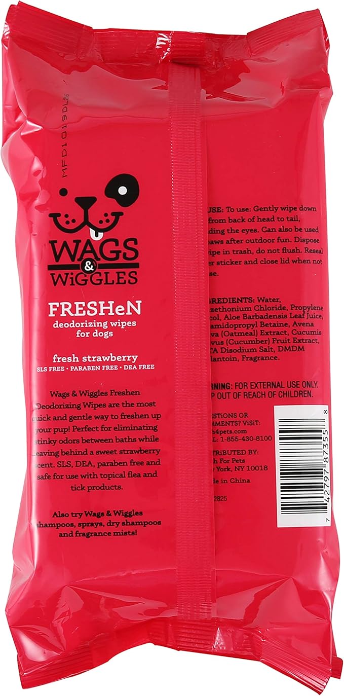 Wags & Wiggles Freshen Deodorizing Wipes for Dogs | Eliminate Odors from Your Dog's Coat | Fresh Strawberries, 100 Count | Easy and Convenient Way to Freshen Your Pet Without A Bath