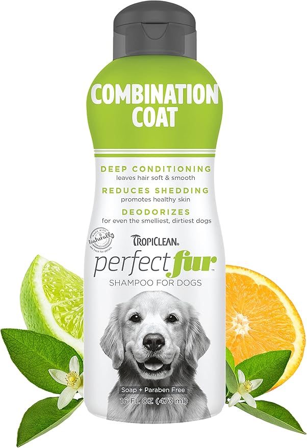 TropiClean Perfect Fur Deodorizing and Deshedding Dog Shampoo for Smelly Dogs, for Breeds with Long and Short Fur, Odor Control, Puppy Safe, 16oz.