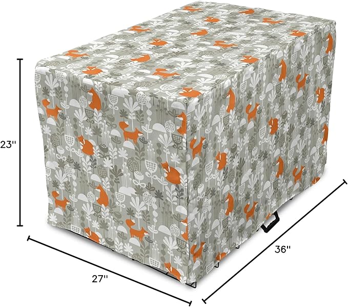 Lunarable Autumn Fall Dog Crate Cover, Fox Animal Sleeping in The Forest Plants Woodland Wildlife Theme, Easy to Use Pet Kennel Cover for Medium Large Dogs, 36 Inch, Orange Grey White