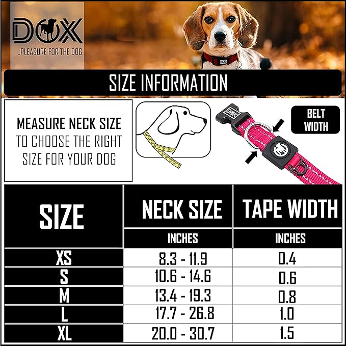 DDOXX Reflective Nylon Dog Collar - Strong and Adjustable Collars Dogs - M (Pink)