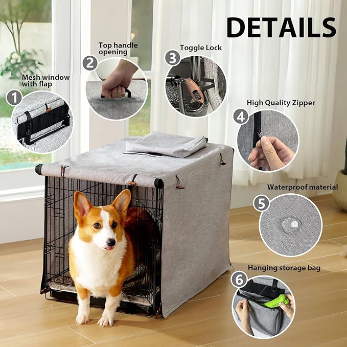 600D Dog Crate Cover, Waterproof Pet Kennel Cover with Storage Bag, Dog Cage Cover Fit for 24 Inch Wire Crate, 24 Inches, Gray (Cover Only)