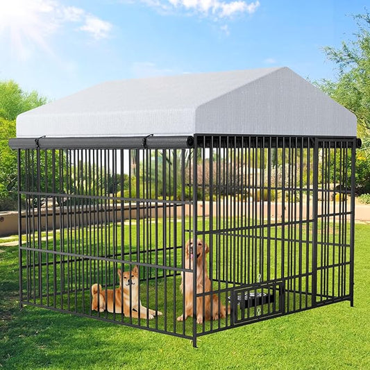 Rovibek Outside Dog Kenne with Roof, Outdoor Dog Kennel with 3 Sides Sun-Proof Cover,Large Dog Kennel Outdoor, Dog Run Enclosure with 2 Rotating Bowls for Large Dogs