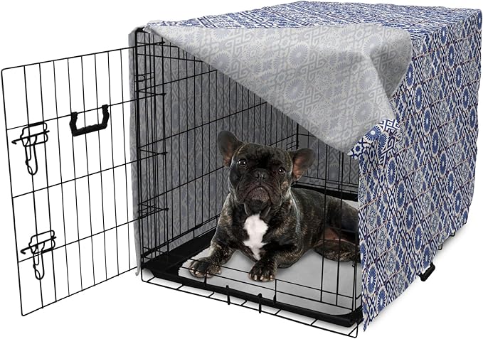 Lunarable Geometric Dog Crate Cover, Azulejo Tile Motifs Portuguese Ceramic Pattern European Art, Easy to Use Pet Kennel Cover for Cats & Medium Dogs, 24 Inch, Burnt Sienna Royal Blue