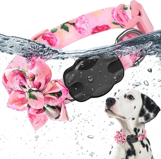 Airtag Dog Collar for Large Dogs, Rose-Pink Dog Collars Girl with AirTag Holder Waterproof Airtag Case, Including Flower Spring Dog Collar Bowtie, for All Female Dogs ﻿