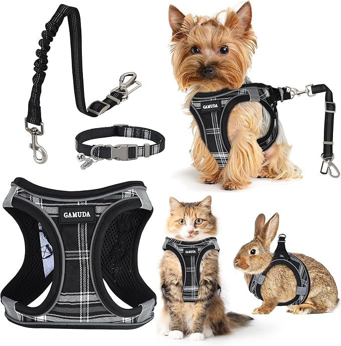 GAMUDA Dog Harness, Collar and Seat Belt Set, Vehicle Safety Harness, Retractable Adjustable Pet Seatbelts with Travel Strap and Carabiner for Most Cars (Black, XS)