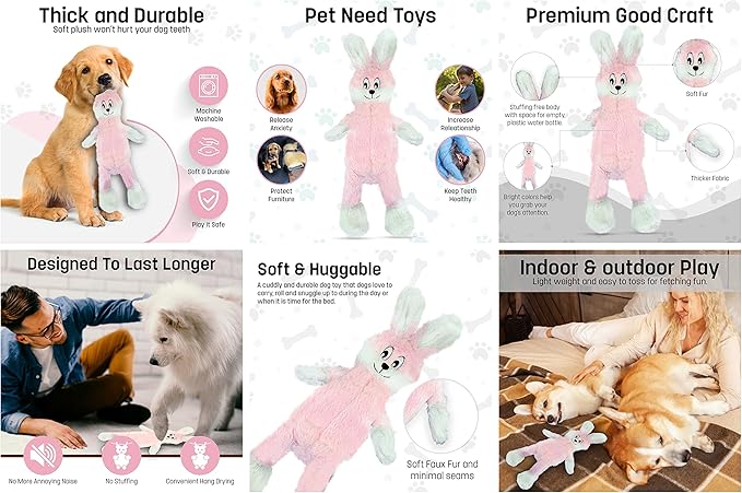 FGA MARKETPLACE Frog-Pink Rabbit Flat NO Stuffing NO Squeak Plush Dog Toy, Funny Style Will Entertain Your Dog for Hours, Recommended for Small and Medium Dog 21 INCH Long