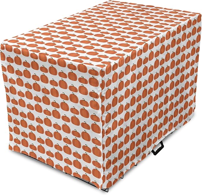 Lunarable Autumn Pumpkin Dog Crate Cover, Simplistic Halloween Fruit Pattern on Plain Backdrop, Easy to Use Pet Kennel Cover for Medium Large Dogs, 42 Inch, Orange Green