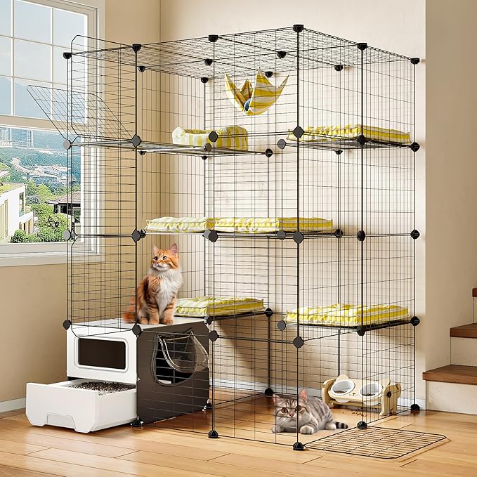 Oneluck Cat Cage with Litter Box, Large 4-Tier DIY Enclosures Detachable Metal Wire Kennel Indoor Crate Exercise Place Ideal for 1-3 Cats