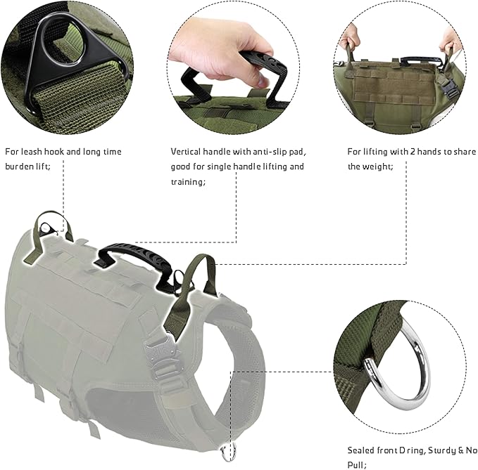 PET ARTIST Tactical Dog Harness for Hiking Training, No Pull Vest Harness for Medium Large Dogs, with Pouches and Patches Green, XL
