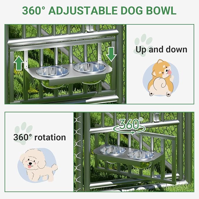 Rovibek 6.7'×6.7' Outdoor Dog Kennel with Roof, Outside Dog Kennel with Waterproof Sunproof Cover, Dog Kennels Outdoor and Enclosure with 2 Stainless Steel Bowls
