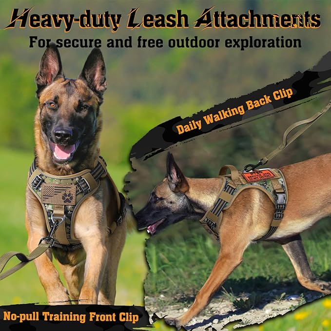 rabbitgoo Dog Harness Medium Sized No Pull, Tactical Service Dog Vest with Molle and Control Handle, Adjustable and Reflective Military Pet Harness for Easy Walking and Training, Brown camo, M