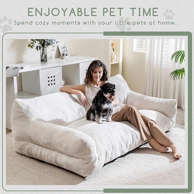 HIGOGOGO Giant Human Dog Sofa Bed, Big Comfy Floor Sofa Couch for Pet Families with Foam Chunk Supportive Mat, Corduroy Orthopedic Dog Bed for Human, Beige