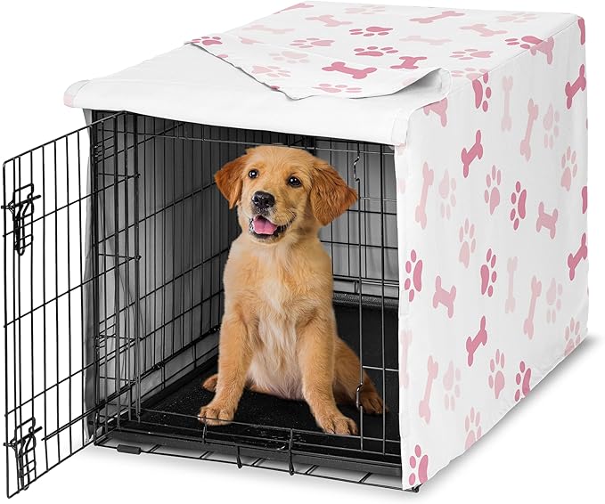 Sweet Jojo Designs 36in. Medium Dog Crate Cover (Bones and Paw Prints) Pet Cage, Kennel Covers (Modern, Cartoon, Doggy, Puppy, Neutral, Paws Print, Whimsical, Playful, Pastel, Blush Pink & Off White)