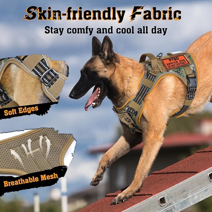rabbitgoo Dog Harness Medium Sized No Pull, Tactical Service Dog Vest with Molle and Control Handle, Adjustable and Reflective Military Pet Harness for Easy Walking and Training, Brown camo, M