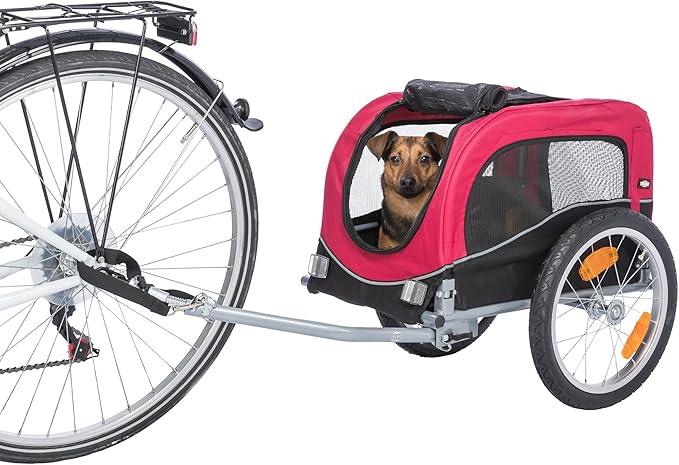 TRIXIE Dog Trailer for Bicycles, Dog Bike Trailer for Small Dogs up to 33 lbs, Quick Set-up and Fold Down, Red